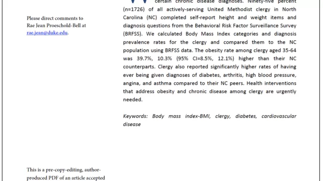 High Rates of Obesity and Chronic Disease Among United Methodist Clergy